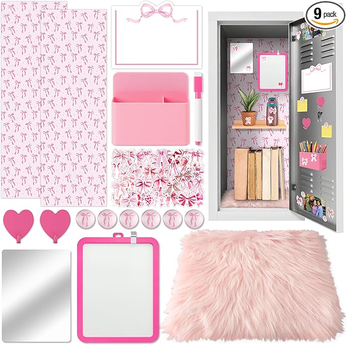 BeYumi Pink Locker Accessories Kit - Back to School Pink Bow Locker Organizer Decoration Supplies for Girls Magnetic Wallpaper Pen Holder Whiteboard Marker Mirror Magnets Rug Classroom Accessories Kit