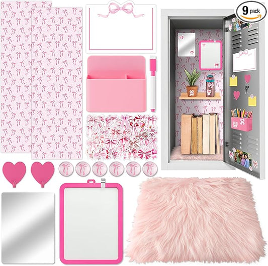 BeYumi Pink Locker Accessories Kit - Back to School Pink Bow Locker Organizer Decoration Supplies for Girls Magnetic Wallpaper Pen Holder Whiteboard Marker Mirror Magnets Rug Classroom Accessories Kit