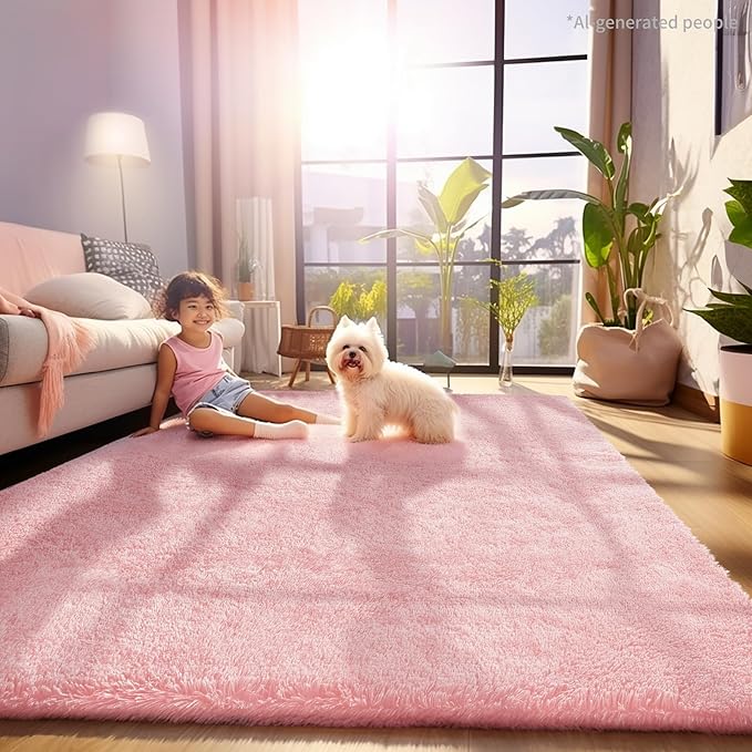Ophanie Pink Area Rugs for Bedroom Girls, 5x8 Kids Fluffy Fuzzy Furry Shag Carpet, Plush Soft Cute Baby Shaggy Bedside Indoor Floor Rug for Teen Dorm Decor, Nursery with Over 99 pcs Pile fibers