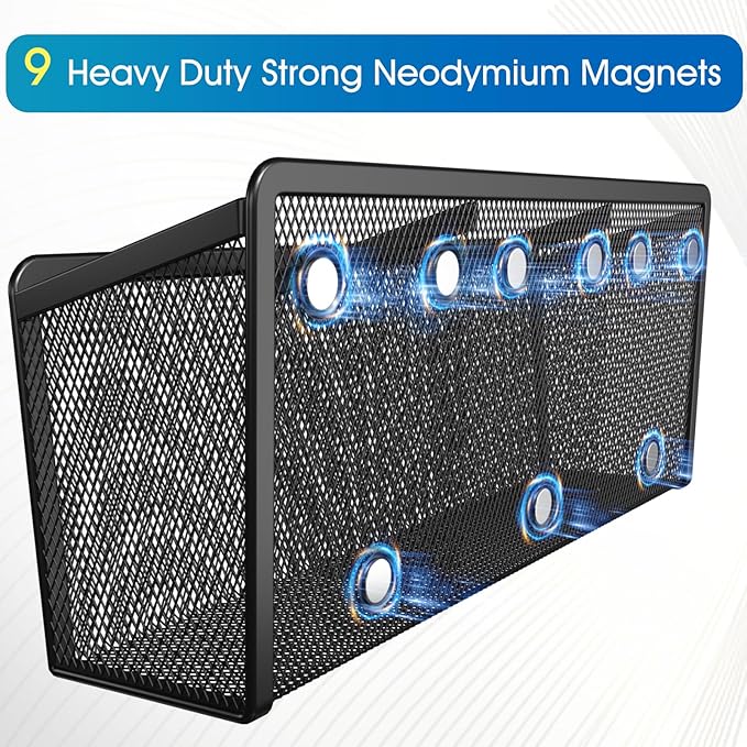 MaxGear Magnetic Pen Holder, Mesh Organizer Caddy, Pencil & Marker Storage for Desk, Extra Strong Magnets for Locker, Whiteboard, School & Office – 3 Baskets