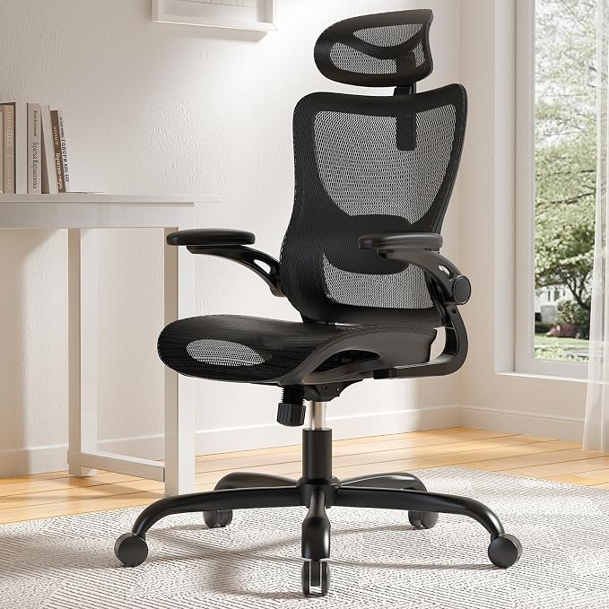 Marsail Ergonomic Mesh Office Chair with Adjustable Lumbar Support | 3D flip-up armrests, 2D headrest, breathable mesh back, reclining function, smooth-rolling casters, height adjustment