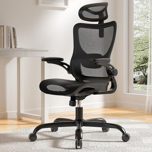 Marsail Ergonomic Mesh Office Chair with Adjustable Lumbar Support | 3D flip-up armrests, 2D headrest, breathable mesh back, reclining function, smooth-rolling casters, height adjustment