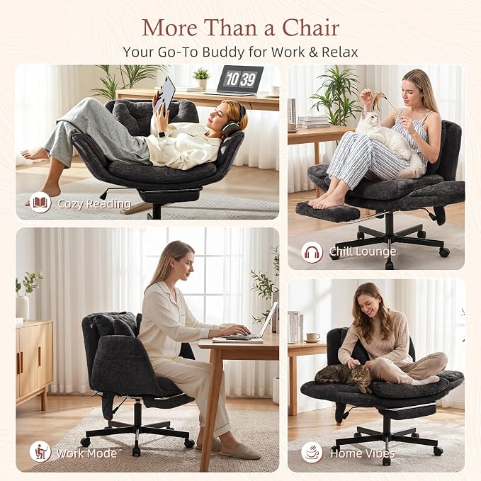 Criss Cross Office Chair with Footrest and 5-Gear Adjustable Arms, Black | Wide seat cross-legged desk chair, flip lumbar pillow, airbag support, chenille fabric, for home office vanity and meditation