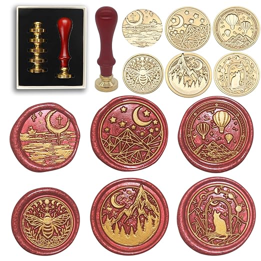 Wax Seal Stamp Kit, 6 Pcs Wax Seal Stamp Head 1 Wooden Hilt Letter Wax Seal Kit, Sealing Wax Stamp Seal Set Include Bee/Cat/Mountain/Sea/Moon Envelope Sealing Wax Stamps for Wedding Invitation