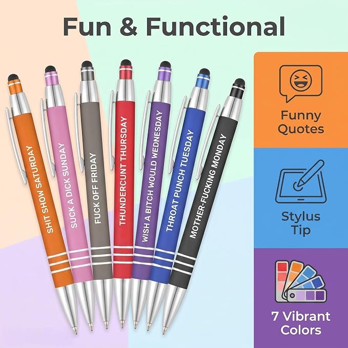 Funny Ballpoint Pens -Offensive Days Of The Week Pen Quotes, Funny Pen Set of 7 Adult Humor Pens, Sarcastic Daily Pen Set,Black Ink (7pcs week pens)