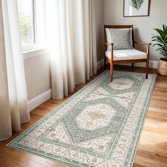3x6 Runner Rug for Hallway Washable: Non Slip Kitchen Rugs with Rubber Backing Soft Waterproof Wide Mats Stain Resistant Low Pile Carpet for Entryway Bedroom Bathroom Laundry Home Decor Green/Beige