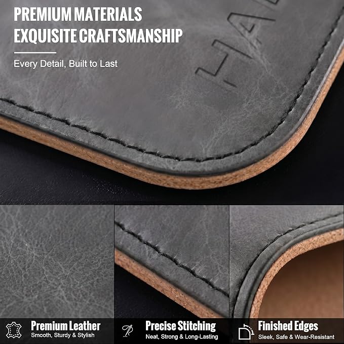 HAUTOCO Cork Desk Mat 31.5"x15.7", Distressed PU Leather & Cloth Desk Pad | Waterproof, Non-Slip, Stitched Edges, Black Large Gaming Mouse Pad, Laptop Blotter & Desk Protector for Office and Home