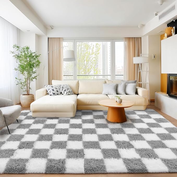 Area Rugs for Living Room Bedroom 9x12, Ultra Fluffy Shag Checkered Rug Modern Washable Carpet Soft Shaggy Non Slip Indoor Plush Fuzzy Rugs for Bedroom Dorm Office Home Aesthetic Decor, White & Grey