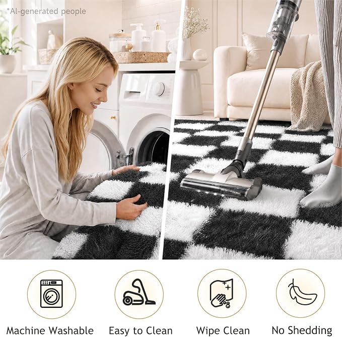 Ophanie Checkered Black & White Rug for Living Room Bedroom,Fluffy Soft Cute Fuzzy Area Rugs,Shag Plush Shaggy Bedside Floor 6x9 Furry Carpet Kids Baby Teen Dorm Decor with Over 99 pcs Pile fibers