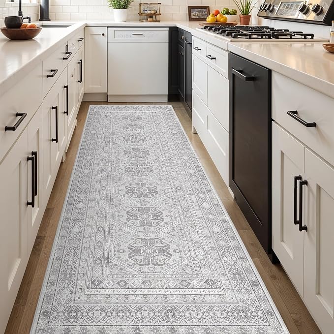 3x10 Runner Rug Kitchen Washable: Oriental Indoor Hallway Runners with Non Slip Backing Floor Mat for Entryway Door Low Pile Thin Carpet for Bedroom Bathroom Living Room Bedside Grey