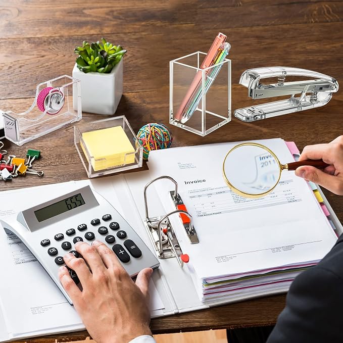 6 Pieces Clear Office Desk Accessories for Student Back to School Office Supplies Include Acrylic Tape Dispenser, Notepad Holder, Stapler, Pen Holder, Staple Remover for Student Teacher