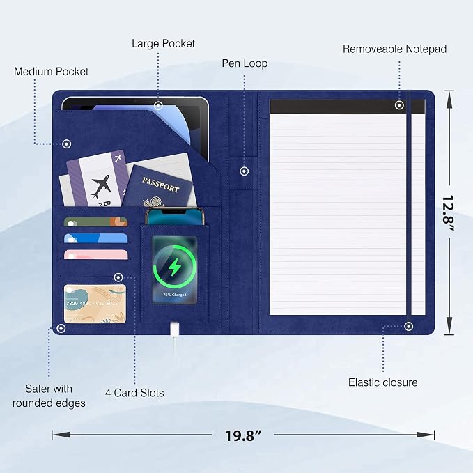 Ospelelf Blue Faux Leather Padfolio with Clipboard, Interview Clipfolio Portfolio with Notepad 8.5 x 11, Business Resume Clipboard Folder Organizer with Pockets for Men