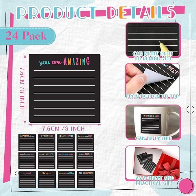 Yinder 24 Pcs Inspirational Sticky Notes Thank You Gift Motivational Sticky Note Pad Employee Appreciation Gift Bulk for Staff Coworker Teacher Nurse Office Groups 3 x 3'' (Appreciation,Black)