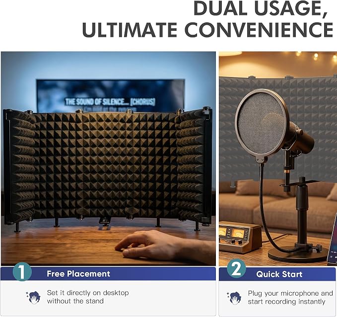 Microphone Stand With Isolation Shield,Recording Studio Equipment With Pop Filter,Heavy-Duty Desktop Stand, Foldable Mic Shield With Sound Insulation For Recording Studio, Podcasts,Broadcasting