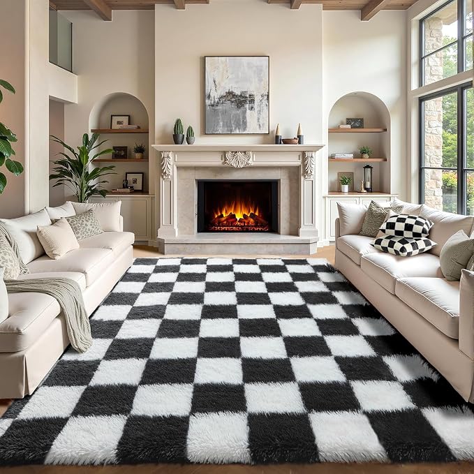 KICMOR 8x10 Area Rugs for Living Room, Large Fluffy Soft Black and White Checkered Shag Shaggy Bedroom Carpets, Indoor Big Fuzzy Plush Rug for Kids Boys Girls Teen Dorm Nursery Home Decor Aesthetic
