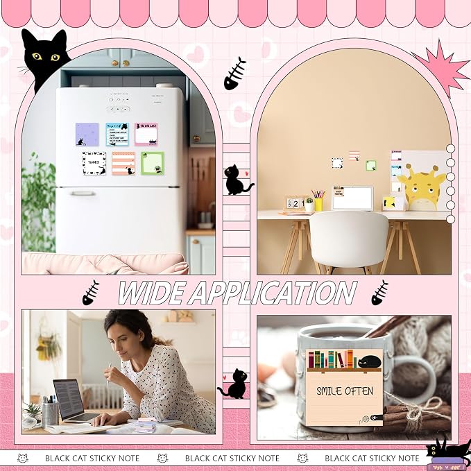 9 Pads Cute Sticky Notes Cartoon Self Stick Notepads 3x3 Inches Notes Adhesive Memo Pad Office Decor Gifts for Students School Teacher Office Meeting(Black Cat)