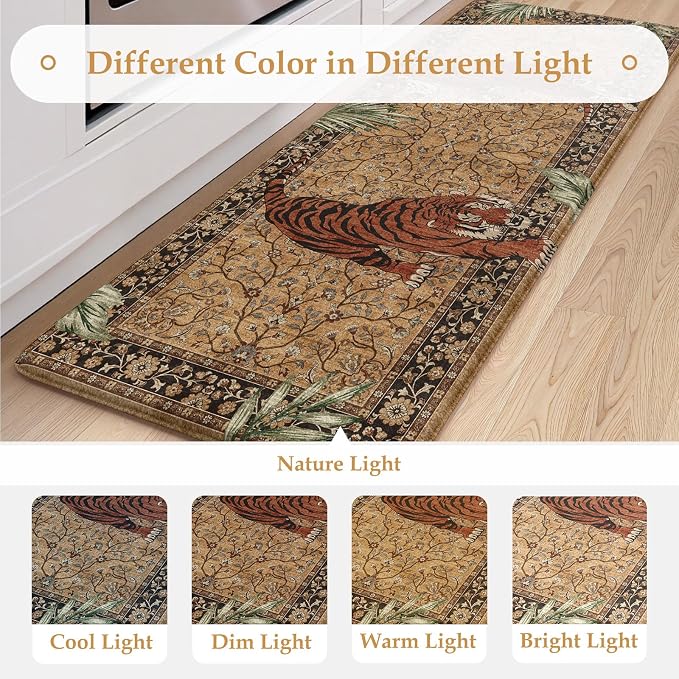 KIMODE Kitchen Mats for Floor Anti Fatigue 17"x47"+17"x29", Farmhouse Tiger Kitchen Rugs Sets of 2, Tan Rugs for Kitchen Floor, Memory Foam Standing Mats for Laundry Office Sink Desk