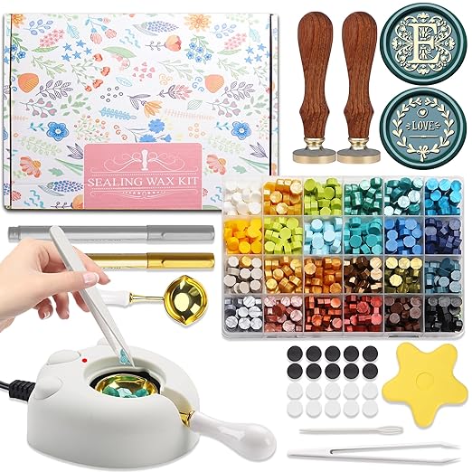 Flower Initial Alphabet E Wax Seal Kit & Eucalyptus Love Sealing Stamp Kit with Wax Stamp Brass Head Ideal for Wedding Invitations Gift Wrapping Christmas (Floral E Kit)