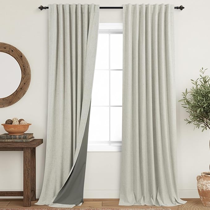 KOUFALL 9FT 9 FT Long Linen Blackout Curtains,Greyish Beige Boho Black Out Pleated High Ceiling to Floor Length Curtains for Living Room Bedroom 2 Panels Set
