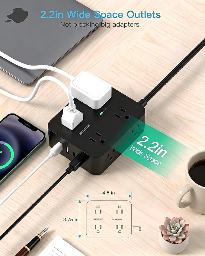 HANYCONY Surge Protector Power Strip 15 Ft, Flat Plug Extension Cord with 8 Outlets and 4 USB Ports(2 USB C), Wall Mount Outlet Extender Charging Station for Home Office Desk Essentials, Black