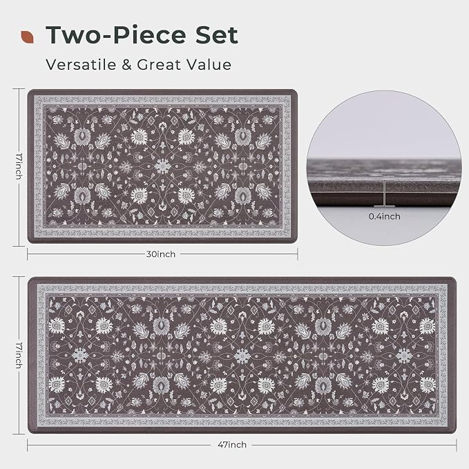 FRESHMINT Vintage Floral Kitchen Mat 2 Piece, 17x30''+17x47'', Ebony Black | Anti-Fatigue, Non Slip, Comfort, Kitchen Decor, Easy to Clean, Waterproof, Perfect for Kitchen, Laundry, Office