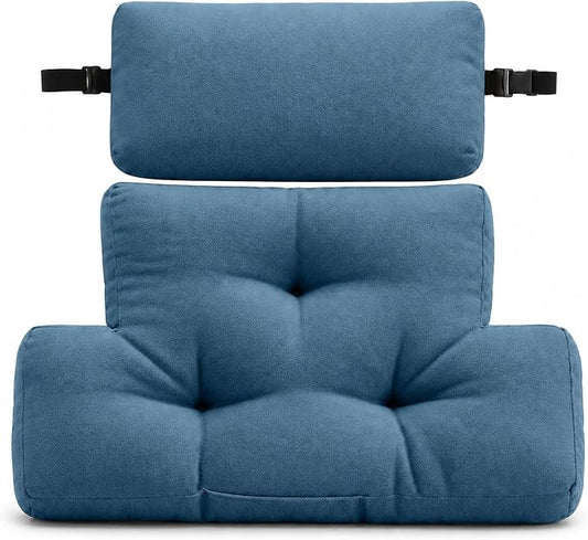 2-Piece Neck Pillow Lumbar Support Cushion for Recliner, Ergonomic High-Density Foam Backrest with Adjustable Headrest, Soft Comfy Back Support for Office Chair, Sofa, Couch, Pain Relief, Blue