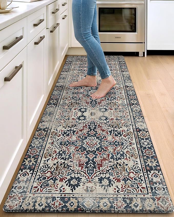 DEXI Kitchen Mats for Floor Cushioned, 23x86 Extra Large Long Runner Rug Non Slip, Waterproof Soft Comfort Standing Padded Anti Fatigue Decorative, Blue Red