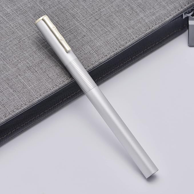 Hongdian H3 Fountain Pen Fine Nib with Bamboo Pen Clip, Silver Aluminum Alloy Writing Pen