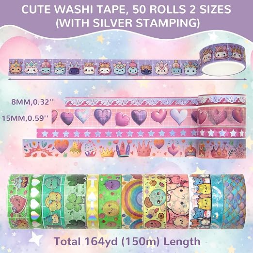 WAPETASHI 50 Rolls Washi Tape Set, Silver Cute Washi Tape for Scrapbooking, Bullet Journal, Planner, Gift, Rainbow Masking Decorative Tape for Kids