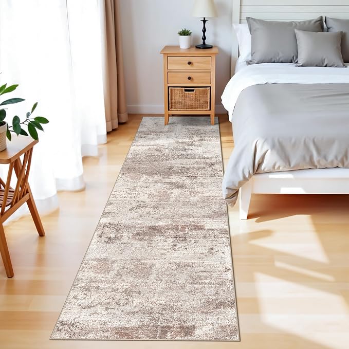 Washable 2x8 Hallway Runner Rug: Abstract Water Resistant Kitchen Rugs Soft Living Room Bedroom Carpet with Non-Slip Backing Indoor Low Pile Floor Mat for Bathroom Dining Room 2X8 Brick/Brown/Beige