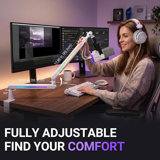 FIFINE RGB Microphone Boom Arm, Low Profile Rotatable Desk Mount Microphone Stand with Cable Management for Podcast, Streaming, Gaming, Studio-BM88ProW