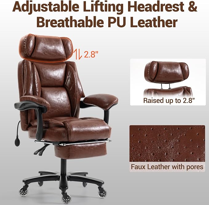 750 LBS Big and Tall Executive Home Office Chair w/Footrest, Black | PU leather, Built for Heavy People, Lumbar Airbag, High Back, Wide Seat, Reclining 90°-155°, Home Office Gaming Room