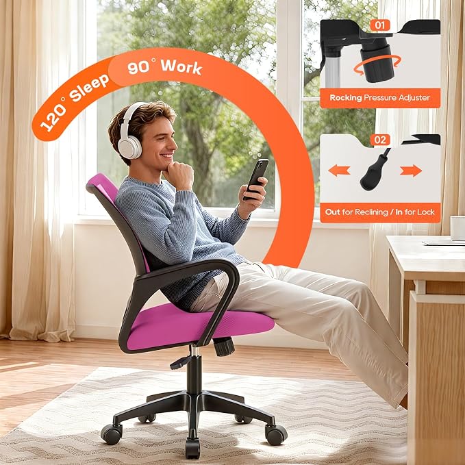 BestOffice | Ergonomic Office Chair | Mid-Back Swivel Desk Chair | Breathable Backrest & Lumbar Support | Adjustable Height | Sponge Seat | Rolling Wheels | Pink | for Adults & Women