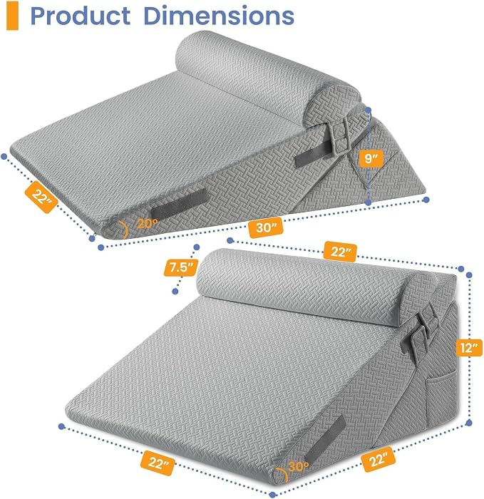 Sasttie Adjustable Wedge Pillow Set for After Surgery, Dark Grey | Bed Wedge Pillow Headboard with Memory Foam Neck Cushion, for Acid Reflux, Sleeping, Neck & Back Support