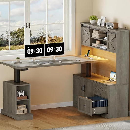 71" LED L Shaped Standing Desk with Hutch and Drawers, Farmhouse | Farmhouse Height Adjustable Sit Stand Desk, Large Corner Computer Desk with File Cabinet, Power Outlets & LED Lights, Grey