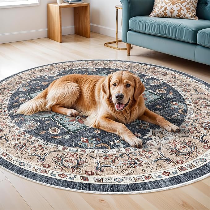 Washable Oriental Area Rug - 9ft Rugs for Living Room Soft Carpet for Bedroom Waterproof Floral Distressed Indoor Stain Resistant Non-Shedding Floor Carpets (Blue/Teal/Orange, 9ft-Round)