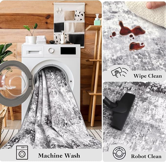 Macgace Washable Abstract Runner Rug, 2x6 Modern Area Rugs with Non-Slip Rubber Backed for Kitchen, Thin but Soft Contemporary Carpet Bedroom Entryway Hallway Decor, Dark Grey