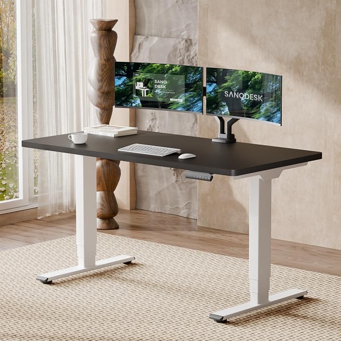 SANODESK Dual Motor Standing Desk 220lbs Height Adjustable Desk | 55"x28" Spacious One-Piece Black Desktop & White Frame, 4 Memory Presets, 3-Stage Legs, 220lbs, 2-Box for Home & Office