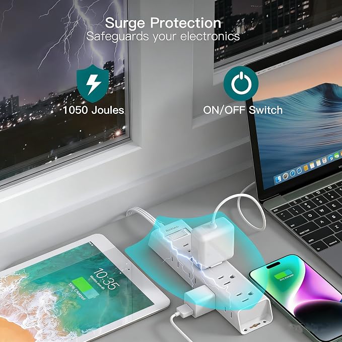 Addtam Short Extension Cord - 1FT Power Strip Surge Protector, 12 Widely AC 3 Sides Multiple Outlets, 1050J Outlet Extender Surge Protector, Wall Mount, Desk Charging Station for Dorm Room Essentials