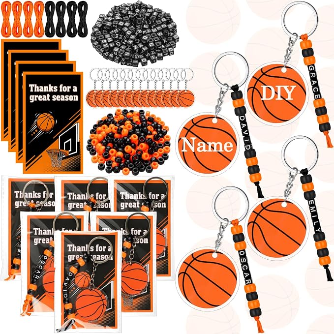 Suncalla 984 Pcs 24 Set Basketball Keychain Making Kit DIY Basketball Bag Tag Sport Key Chain Crafts Adjustable Letter Beads Cards Kit Team Gift Accessories Party Favors for Adult (Orange Black)