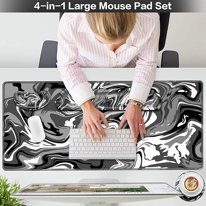 Desk Mat Black, Large Gaming Mouse Pad with Wrist Rest, 4in1 XXL Mousepad+Keyboard Wrist Rest+Mouse Pad Wrist Support+Cup Coaster Set Ergonomic Computer Desk Arm Wrist for Decor Home Office Women