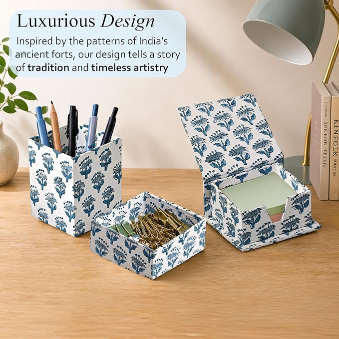 CPC Apatite Blue Block Print Set of 3 Desk Organizer Pen And Sticky Note Holder Cute, Aesthetic, Decor accessories, workspace organizers, Caddy Storage, Gift for Office, Professionals, Student
