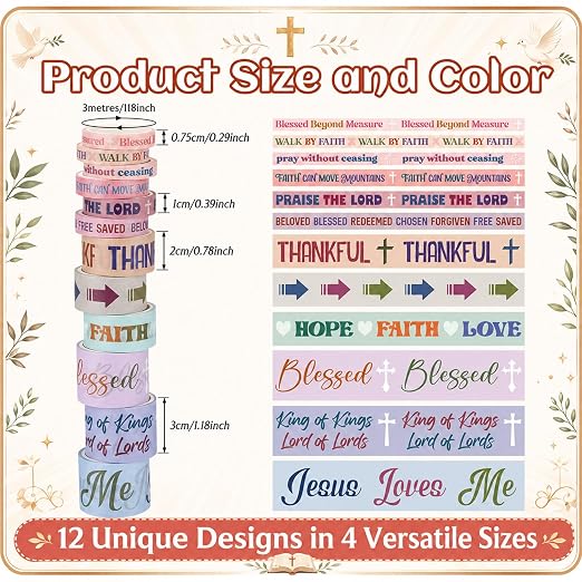 24 Rolls Christian Washi Tape Set Bible Verse Decorative Tape Aesthetic Pastel Faith Tapes for Bible Journaling Planner Scrapbooking Gift Wrapping Arts DIY Crafts