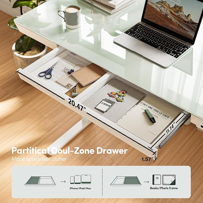 FEZIBO 48 × 24 Electric Standing Desk with Drawers, Whole-Piece Glass Adjustable Height Desk, One-Piece Quick Install Adjustable Sit Stand Desk, White