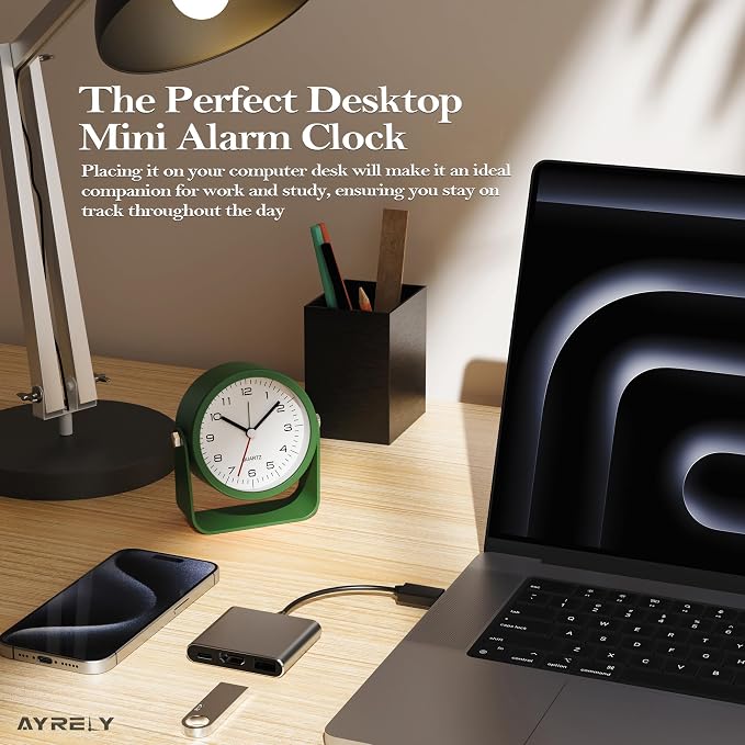AYRELY® 3.5" Small Analog Travel Alarm Clock, Battery Operated Desk Clock | Cute Table Clock with Light, Adjustable Angle, Bedside, Bedrooms, Kids' Rooms and Living Room Decor (Dark Green)