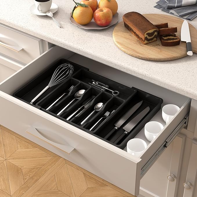 Lifewit Silverware Drawer Organizer, Expandable Utensil Tray for Kitchen, BPA Free Flatware and Cutlery Holder, Adjustable Plastic Storage for Spoons Forks Knives, 13-22 x 15", Black