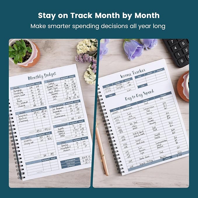 Soligt Budget Planner Monthly Budget Book Bill Organizer with 12 Pockets, Undated Home Financial Money Expense Saving Debt Tracker Notebook, 1 Year, Blue Floral, Spiral Design