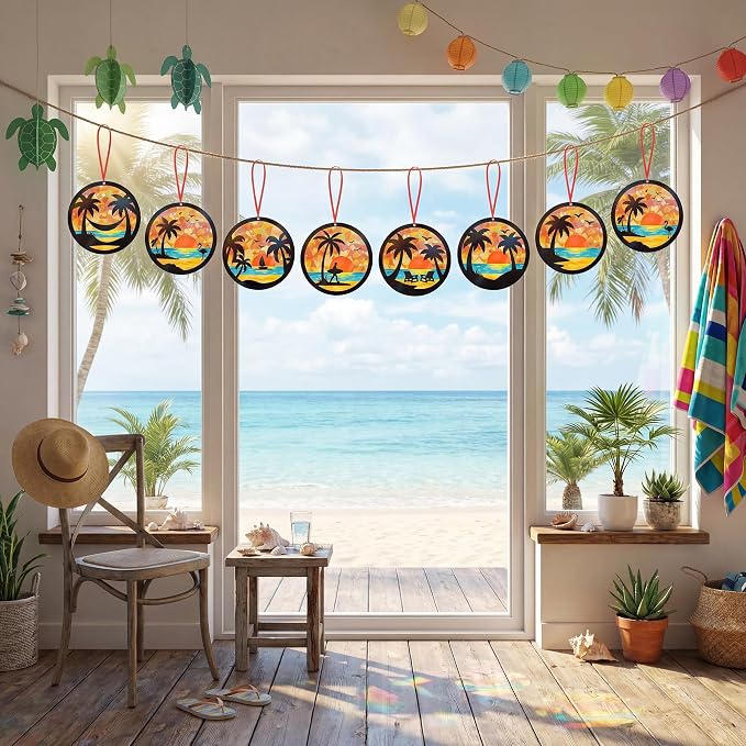 Renbuzhu 48PCS Summer Crafts: Paper Tropical Palm Tree Suncatchers DIY Kits, Window Stained Glass Effect Art Supplies for Hawaiian Luau Tiki Beach Party Favors