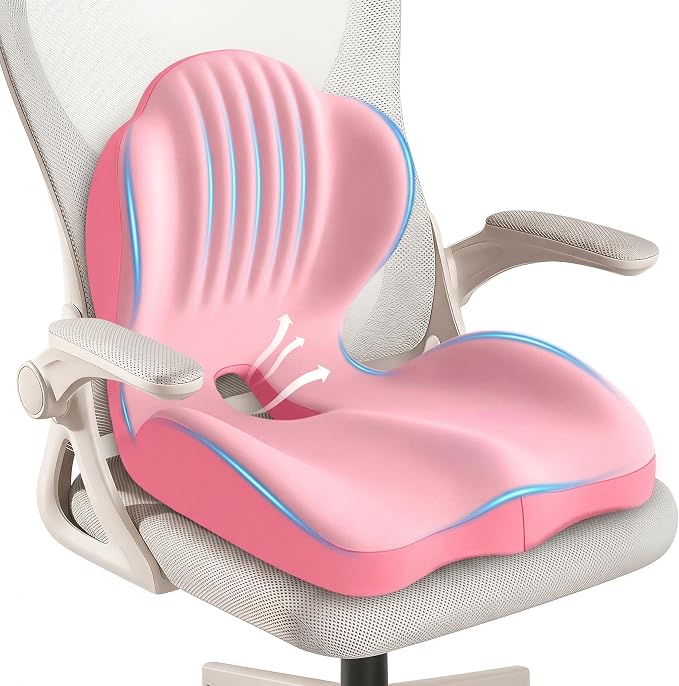 Ergonomic Lumbar & Seat Support Cushion, 2-in-1 Memory Foam Cushion with Coccyx Hollow Design for Office Chair, Car Seat, Home Use - Relieves Back & Hip Pain (Pink)