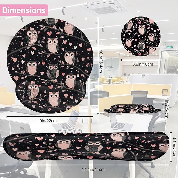 Cute Owl Pink Heart Keyboard Wrist Rest Pad Mouse Pad Set,Ergonomic Mousepad Wrist Support Memory Foam Desk Pad for Gaming Office,Non-Slip Rubber Base Easy Typing for Home Office Computers